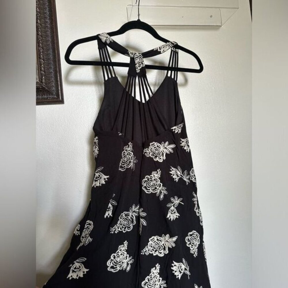 Strappy Back Flowy Mini Cotton Dress Womens XS Embroidered Black & Cream Floral